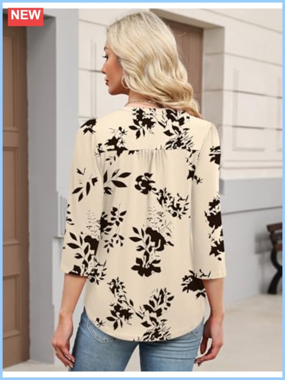 Womens 3/4 Sleeve Henley V-Neck Blouse Pleated Curved Hem - Picture 4 of 6
